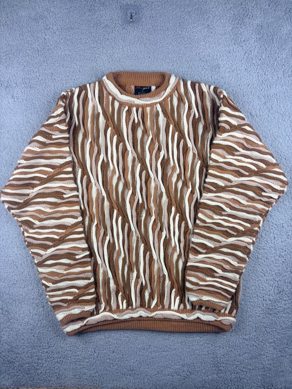 VTG Bergati Pullover Sweater Men's Large Brown Cream Striped 3D Textured Knit